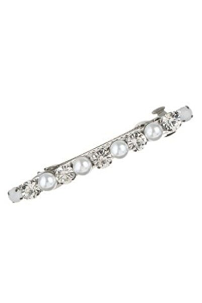 SHOPIENS Silver Hair Clip with White Beads & Transparent Stones for Women 8 cm