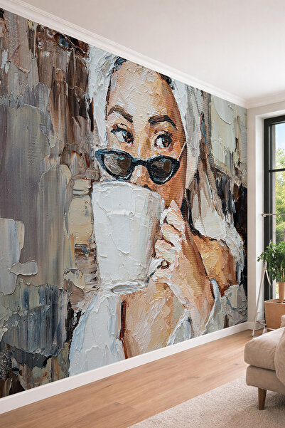 dreamwall Yağlı Boya Dokulu Kahve İçen Kadın Portresi Modern Sanat Efektli Te...