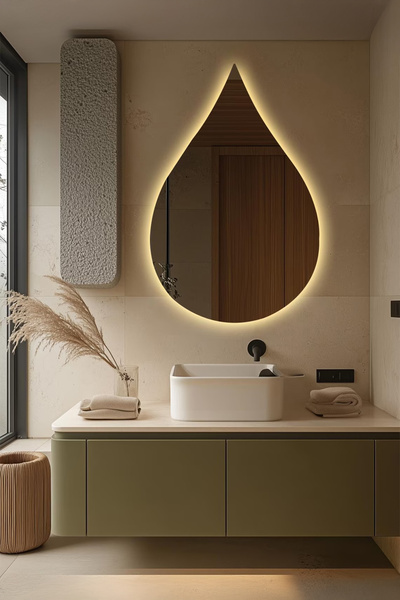 Fawdecor Modern Asimetrik LED Işıklı Dekoratif Duvar Aynası - Arkadan Aydınla...