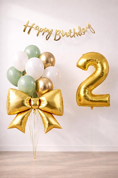 Patladı Gitti Gold Bow 2 Year Old Birthday Balloon Set