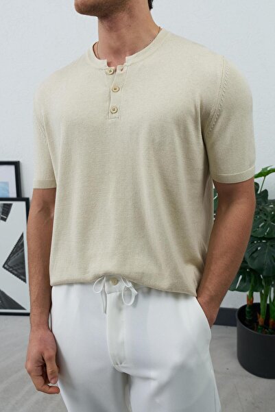 duo fideles Men's Half Button Crew Neck Regular Fit Knitwear Beige T-Shirt