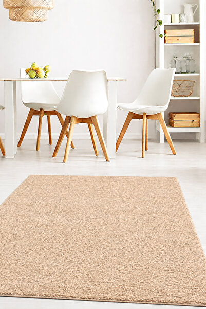 Sarar Peluş Tüylü Kaymaz Jel Taban Dekoratif Salon Mutfak Halı Yolluk Kilim BEJ