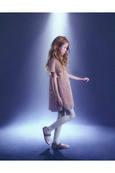 Ziddy فستان مكشكش مزين بالترتر للبنات، ذهبي وردي