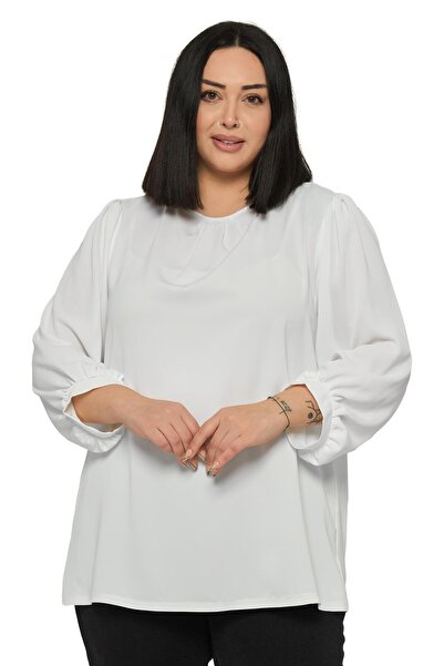 DISENTIS MODEST Plus Size Round Neck Three Quarter Drawstring Sleeves Relaxed...