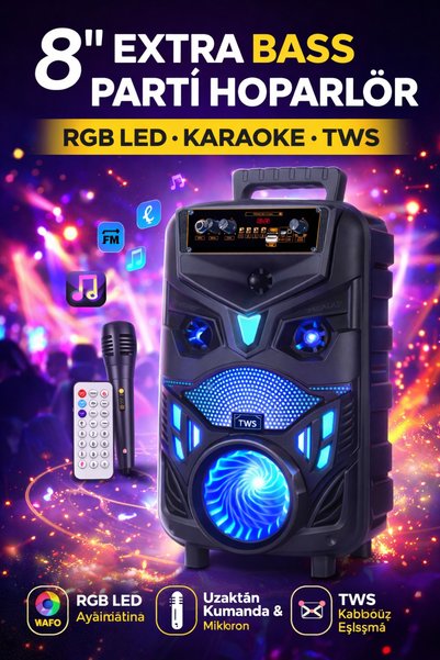 DigiMonster NDR-P44 20W Bluetooth Parti Hoparlörü • 8” Woofer • RGB LED • Kar...