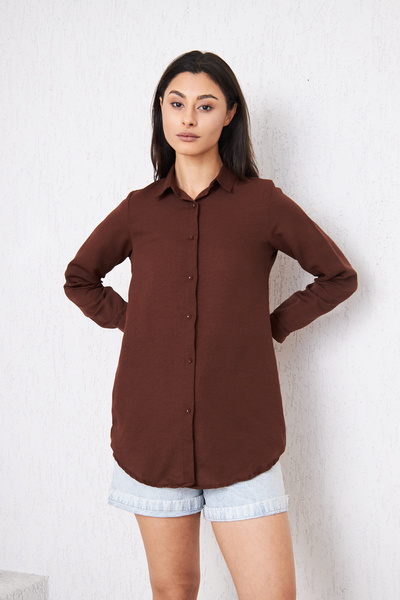 comstar Women's Long Sleeve Buttoned Basic Brown Tunic Shirt