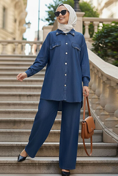 N.S NEVA STYLE Buttoned Navy Blue Hijab Denim Double Set 46632L