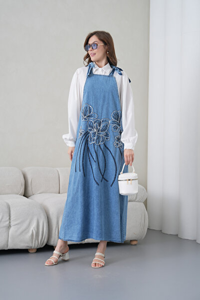 Miss Allos Salopetă din denim cu bretele și set de cămașă pentru femei, cu de...