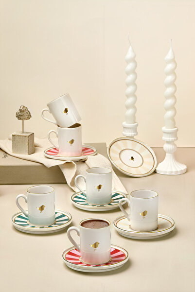 Kitchen Life 12 Parça 6 Kişilik Lovely Birds Porselen Altın Yaldızlı Kahve Fi...