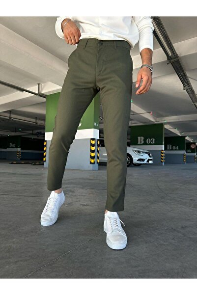 Ser Joven بنطلون رجالي أخضر ضيق من قماش الليكرا المسطح