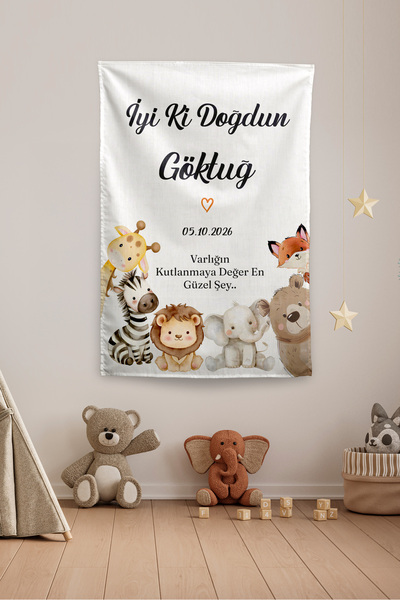 Vagonik Kişiye Özel Safari Temalı Doğum Günü Happy Birthday Duvar Örtüsü Duva...