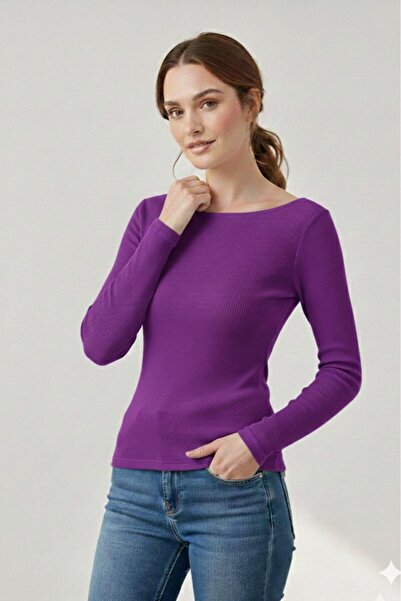 NO 601 Women's Boat Neck Slim Fit Tight Fitting Long Sleeve Ribbed Blouse