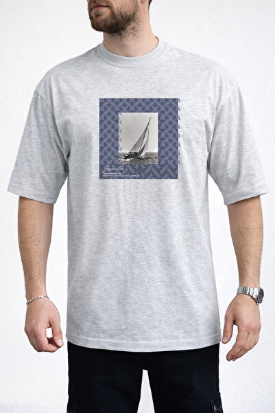 caddekombin Men's Modern Graphic Sailing Crew Neck Gray T-Shirt