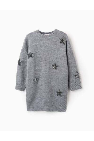 Ziddy Knitted Dress with Stars and Sequins for Girls, Grey