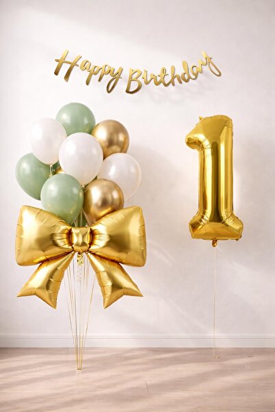 Patladı Gitti Gold Bow 1 Year Old Birthday Balloon Set