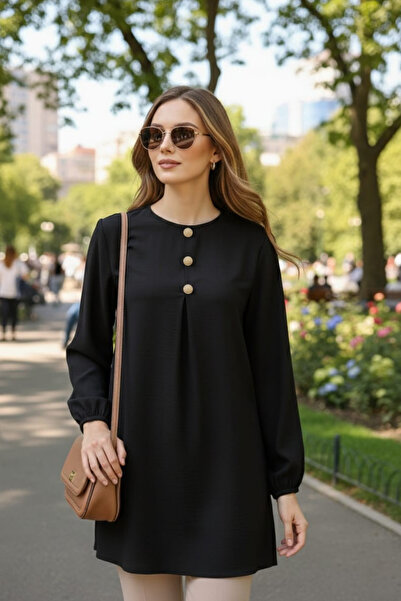 MAKSEN TEKSTİL Black Gofre Fabric Draped Tunic with Slits on the Sides and Ze...