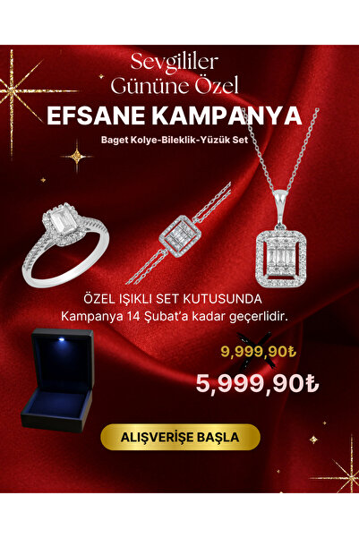 ZEY GÜMÜŞ Baget Gümüş Set – Işıklı Kutulu Baget Kolye Bileklik Yüzük seti 925...