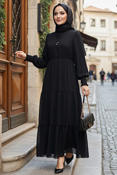 N.S NEVA STYLE Pleated Black Hijab Dress 6268S