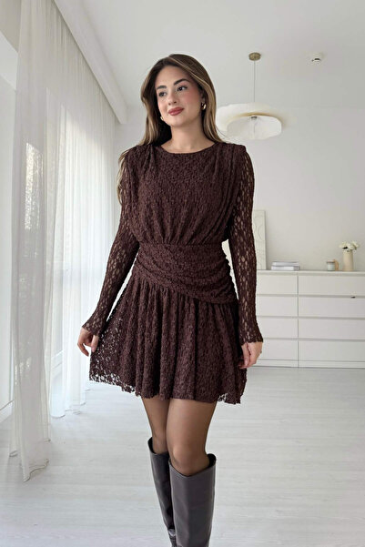 MOZENA Bel Büzgü Detaylı Güpürlü Mini Elbise