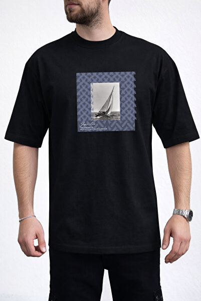 caddekombin Ανδρικό μοντέρνο γραφικό μπλουζάκι Sailing Crew Neck σε μαύρο χρώμα