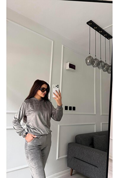 Daves Gray Velvet Fabric Hooded Pants Set