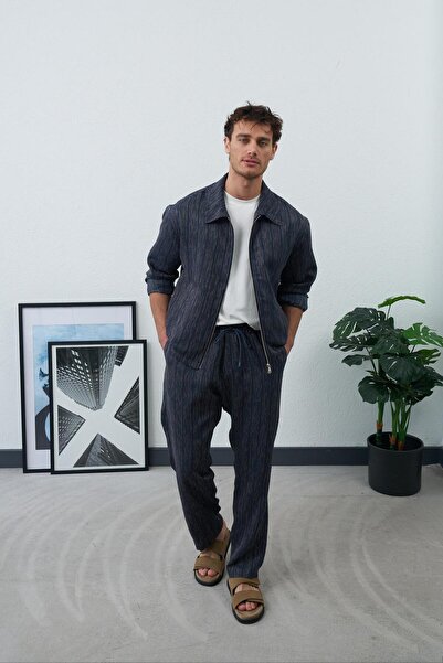duo fideles Men's Striped Zippered Jacket, Lace-Up Trousers, Top and Bottom, ...