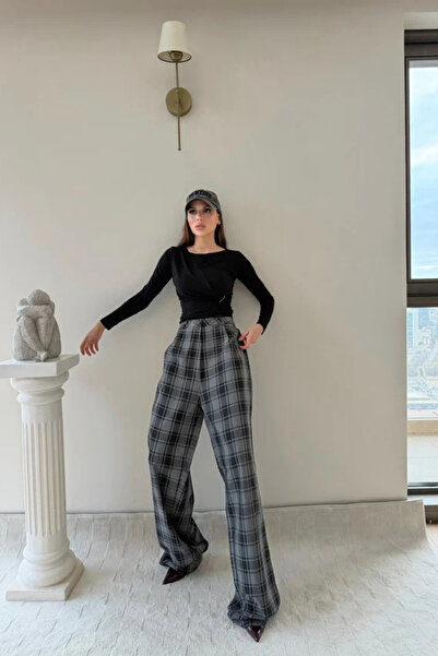 MOZENA Καρό Παντελόνι Παλάτσο με Ψηλή Μέση