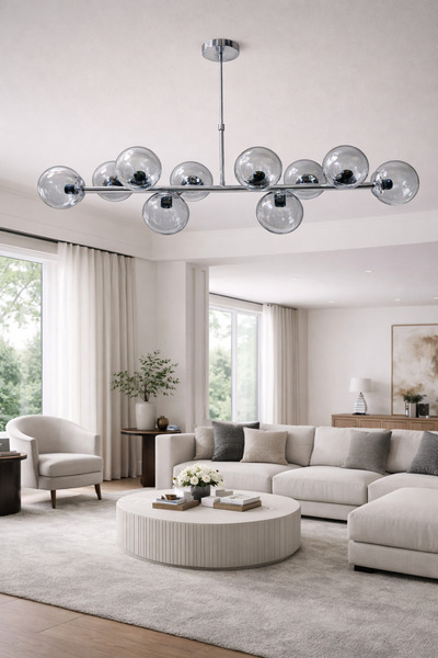 Led YENİ MODEL 125 CM 10 LU AVİZE FÜME CAMLI SIRALI LÜX KROM RENK İTHAL KASA