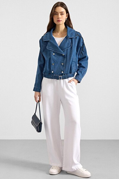 Olcay Sleeve Bead Embellished Unlined Denim Jacket Blue 8283