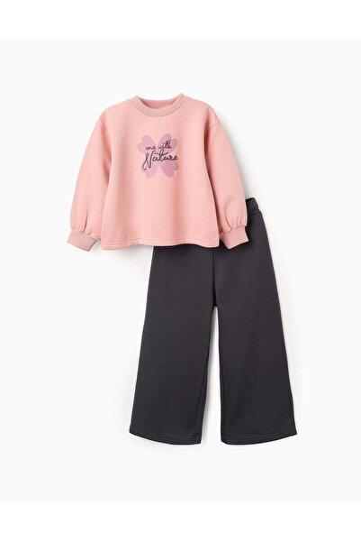 Ziddy طقم سويت شيرت وبنطلون للبنات من قماش ناعم، لون "كلوفر"، وردي/رمادي