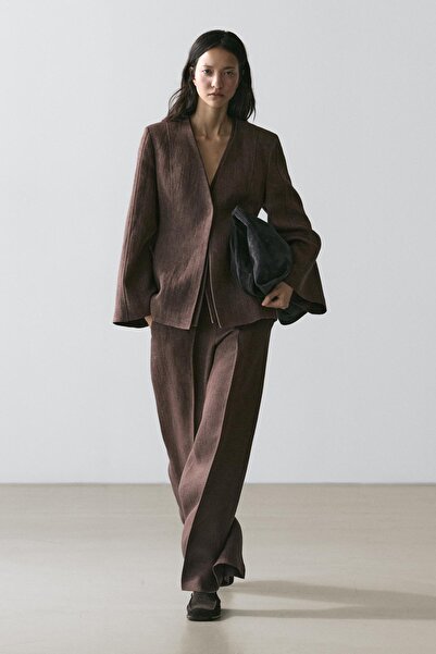 Massimo Dutti Yakası olmayan keten blazer