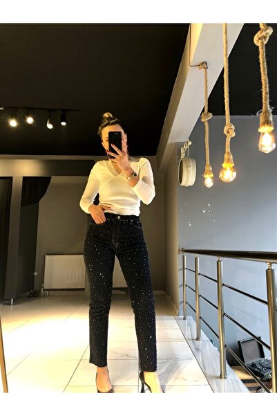 Gözde Tasarım Butik Women's Dark Blue Color Lycra High Waist Flare Stone-Embe...