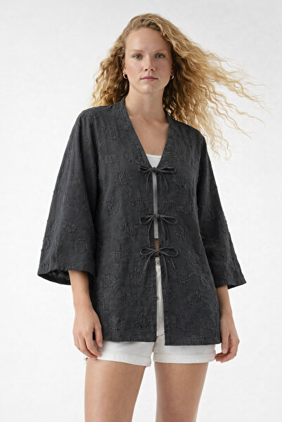 HAKKE Püsküllü Bağlamalı Kadın Kesme Kimono Hırka