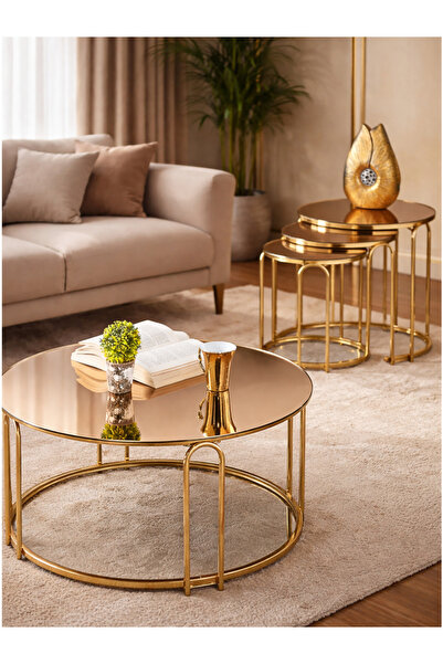 SEDAŞ LIVING UNITS 4 Lü Bronz Ayna Gold Metal Ayaklı Ayna LENKA Model Sehpa T...