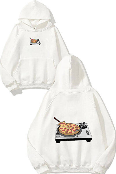 urbvn سويت شيرت أبيض كبير الحجم بقلنسوة مطبوع عليه تصميم طبق البيتزا