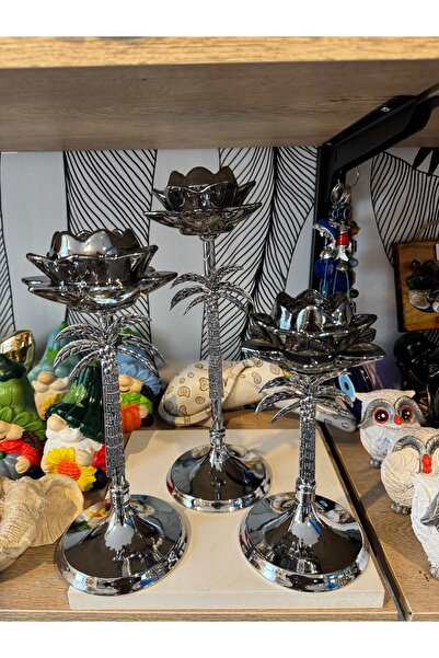 Atak Hediyelik Dekoratif Palmiye Kristal Nilüfer 3’lü mumluk silver