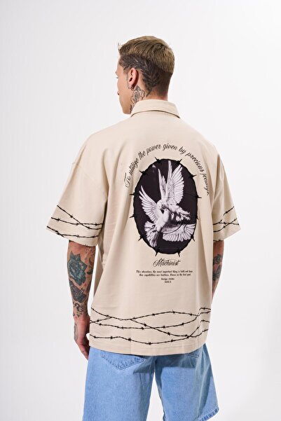Machinist Men's Barbed Wire Printed Oversize T-Shirt Light Beige