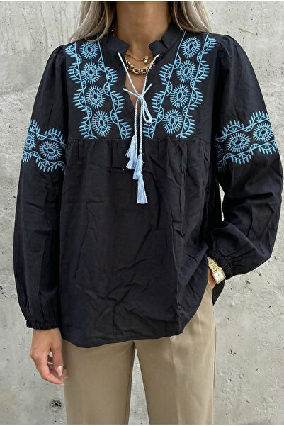 FEMELLE Women's Black Collared Blouse with Tassels and Gathered Ankles, Embro...