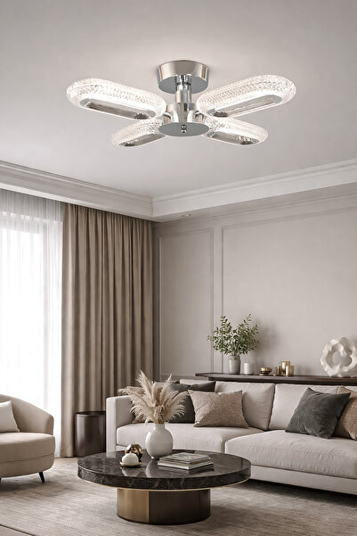 Fer Avize Doruk 4'lü Plafonyer Led Avize Kristal Görünüm Beyaz Işık Enerji Ta...