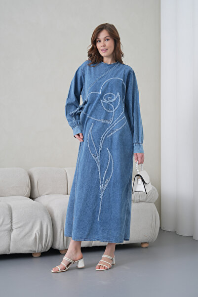 Miss Allos Women's Front Sequin Embroidered Side Tie Wide Fit Long Denim Dress