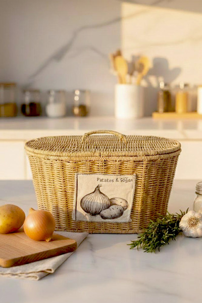 Kitchen Life Bohremia Wicker Look Covered Potato and Onion Storage Basket wit...