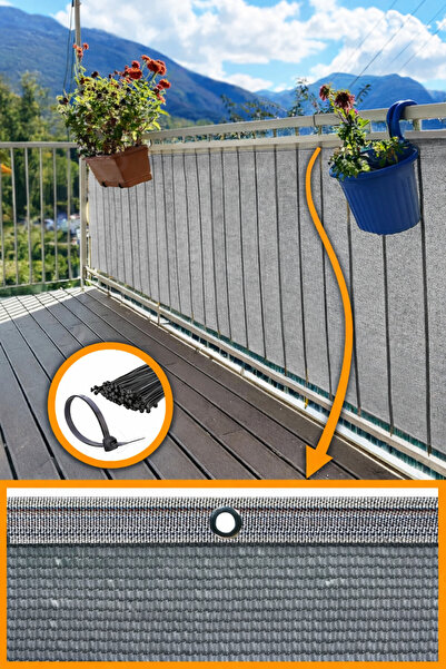 Morilu %95lik Gri Renk BALKON PERDESİ - KIRÇILLI Şeritli Halkalı - Balkon Giz...