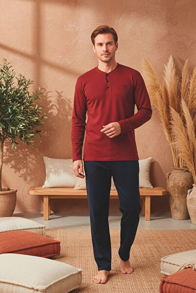 Kompedan Erkek İnterlok Pamuklu Düğmeli Yaka Pijama Takımı | Bordo