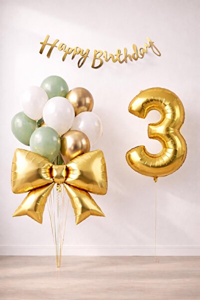 Patladı Gitti Gold Bow 3 Year Old Birthday Balloon Set