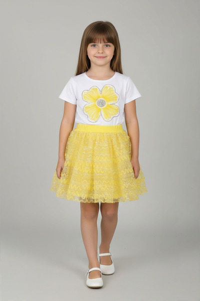 FATELLA Set pentru fetițe: tricou galben cu imprimeu floral și fustă tutu cu ...