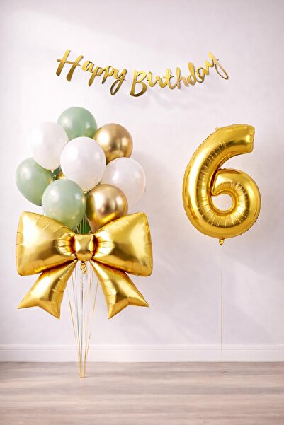 Patladı Gitti Gold Bow 6 Year Old Birthday Balloon Set