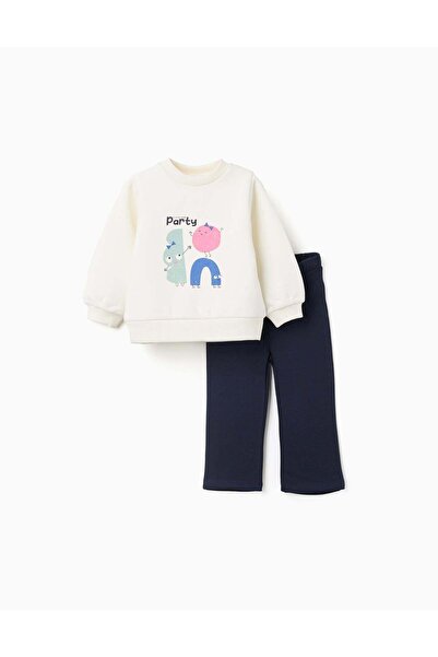 Ziddy Brushed Set of Sweatshirt + Leggings for Baby Girl, White/Dark Blue