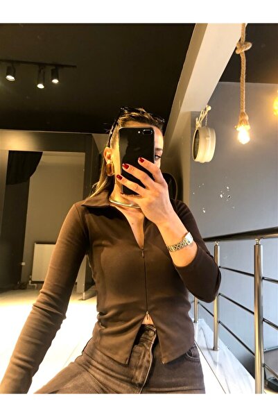 Gözde Tasarım Butik Women's Aci Brown Polo Collar Double-Sided Zippered Cotto...