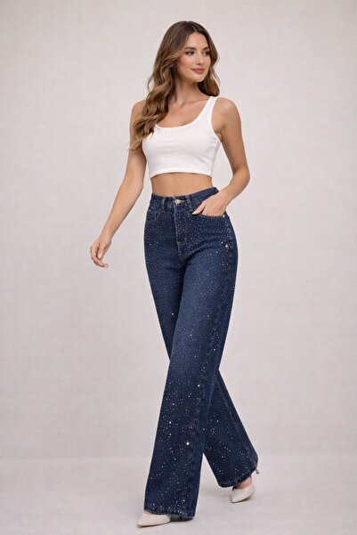 MG GİYİM STORE Kadın Taş Detaylı Bol Paça Jean Pantolon - Yüksek Bel Denim