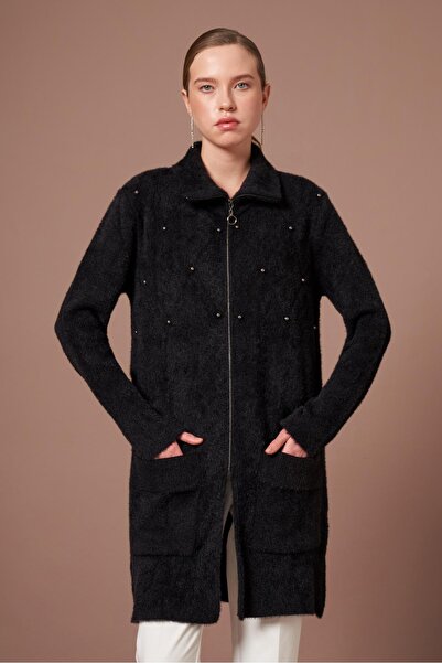 FTZ WOMEN Women's Pearl Detail Angora Coat Black 25040